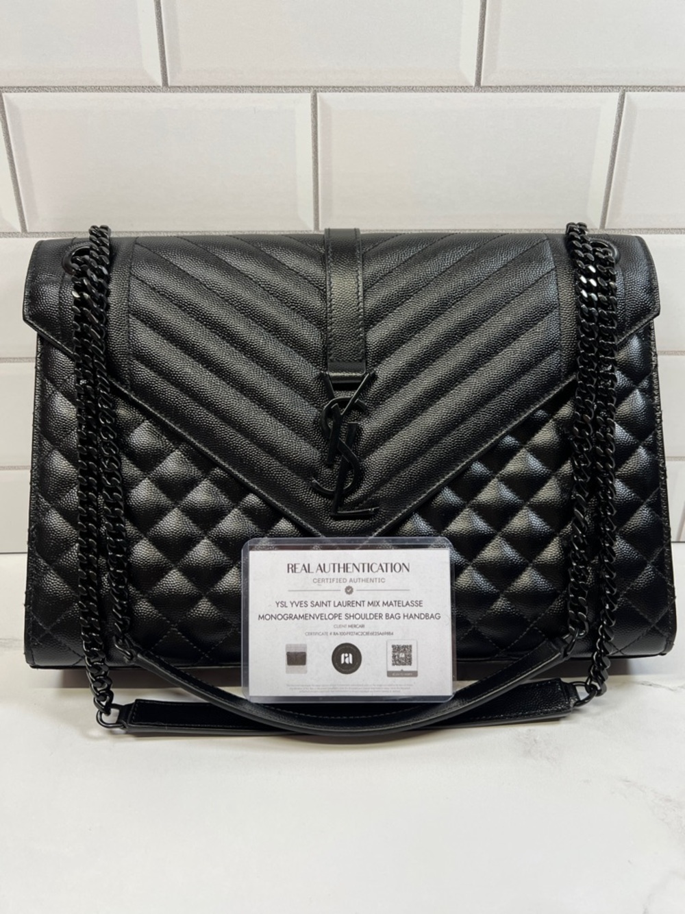 YSL Yves Saint Laurent Matelasse Monogram Envelope Shoulder Bag Handbag Purse